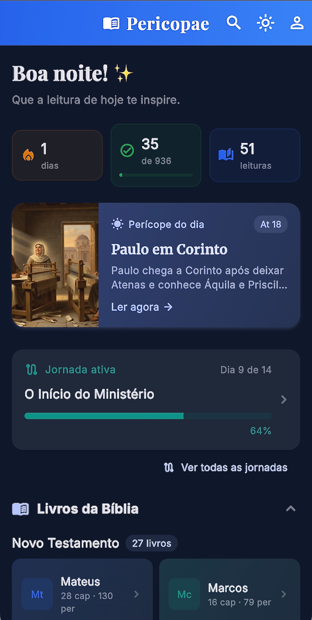 Tela inicial do Pericopae